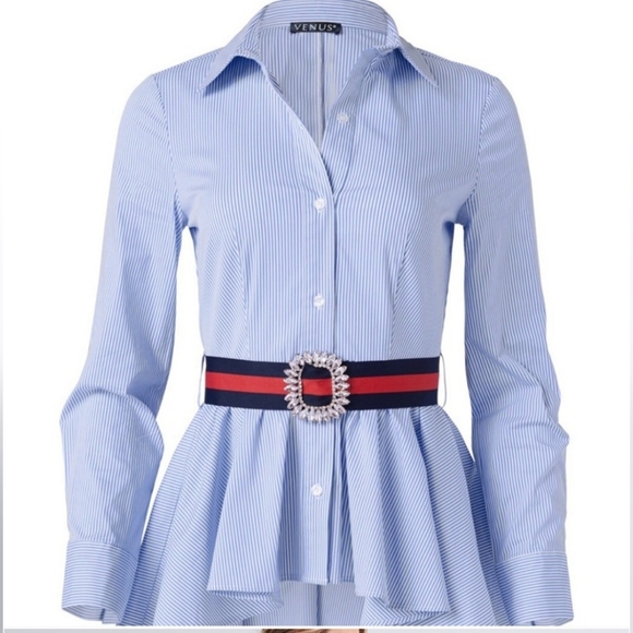 Adorable high-low pinstripe blouse with belt - Picture 3 of 3